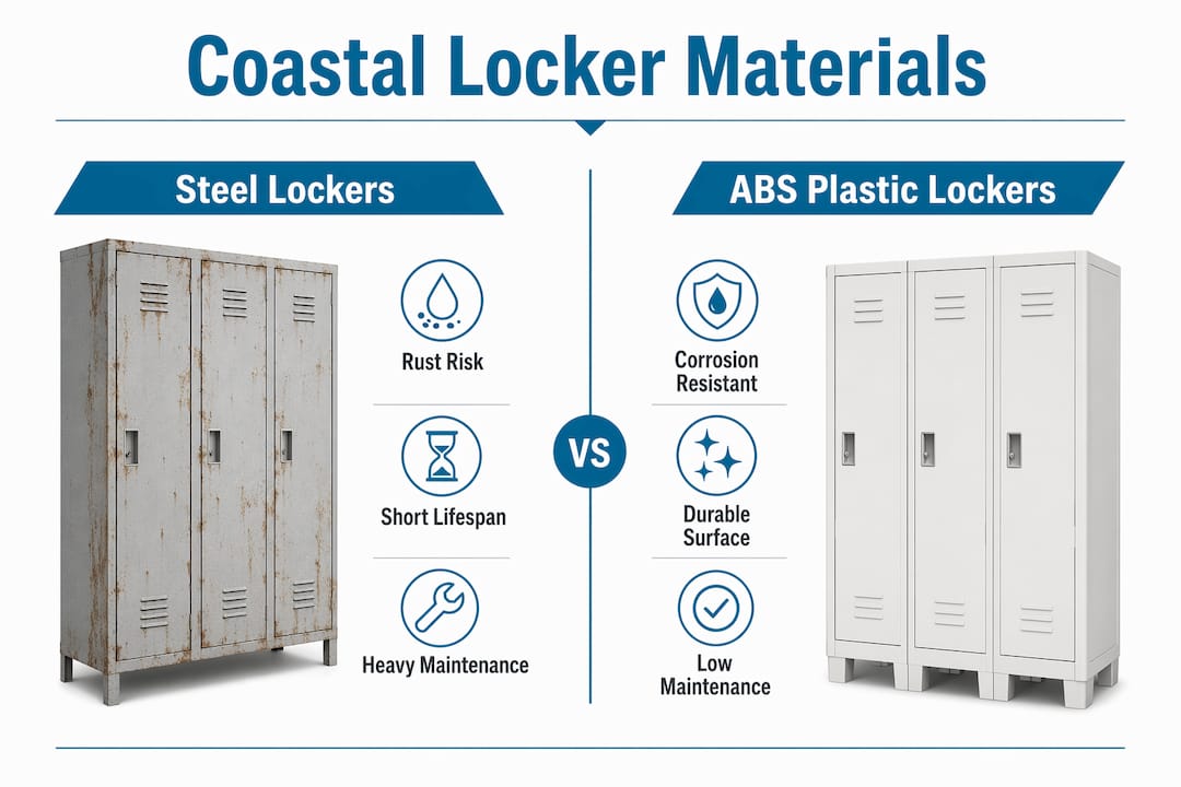 Infographic comparing steel vs ABS plastic coastal lockers