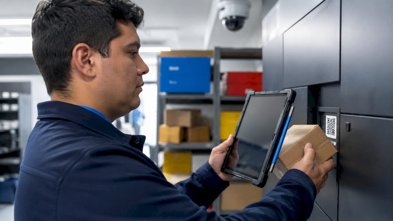 Staff member scanning parcel locker with tablet