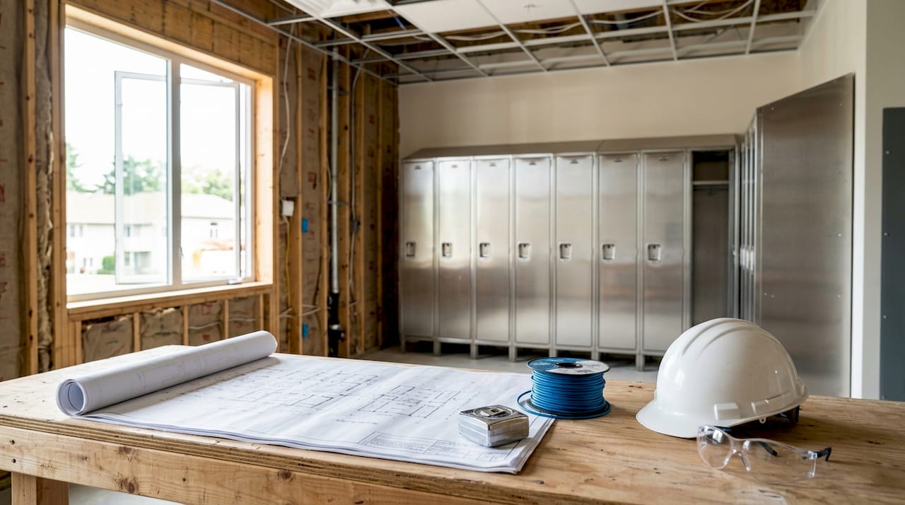 Locker room under construction with accessible lockers