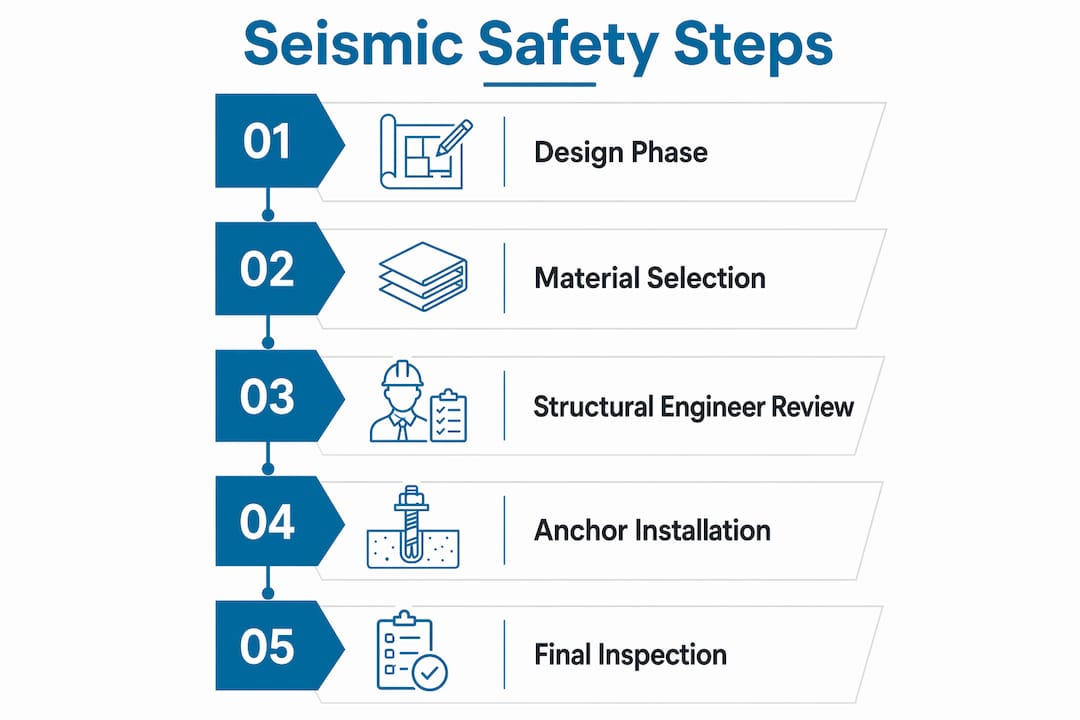 Infographic outlining seismic safety steps for lockers in California building code