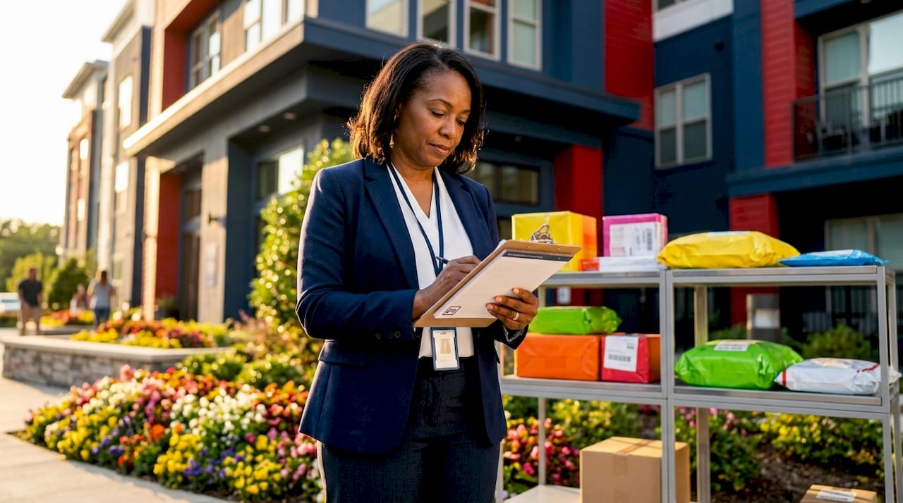 Property manager inspecting organized package room