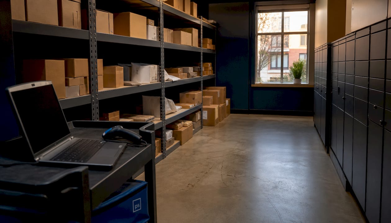Empty package room with shelving and lockers