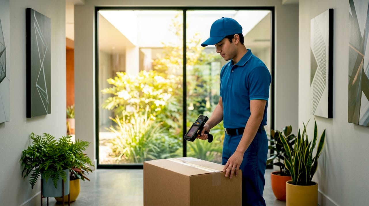 Delivery staff scanning package in apartment