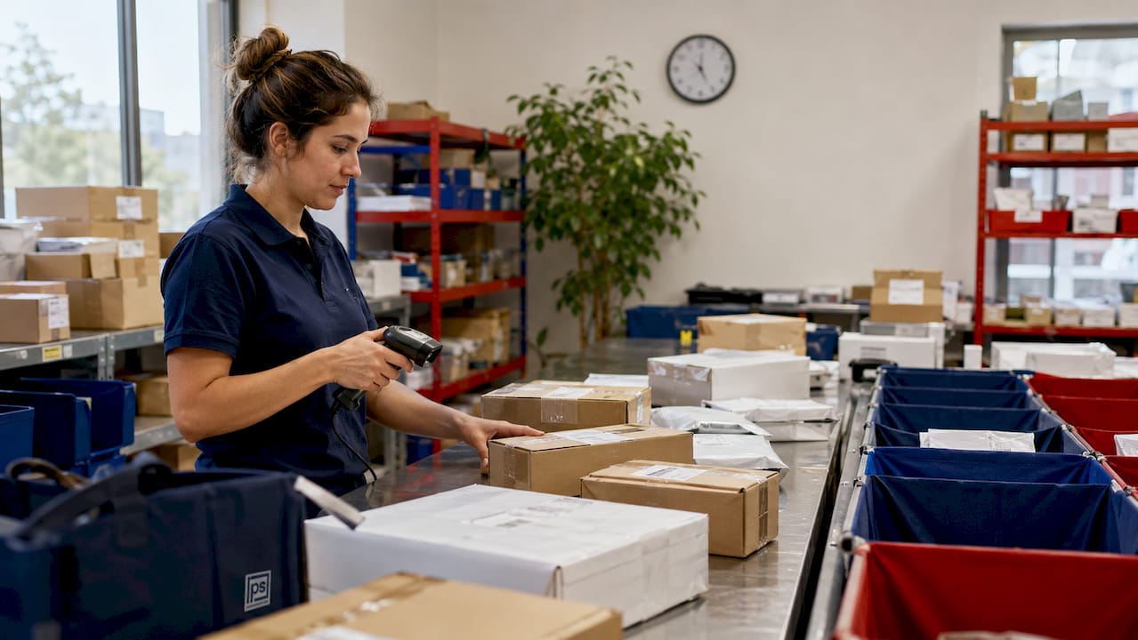 Hands sorting packages in secured room