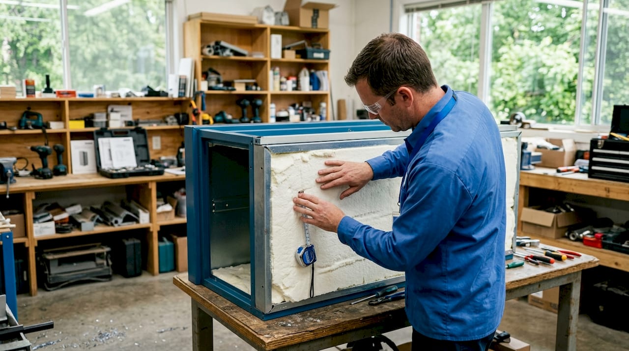 Technician pointing to foam insulation inside cabinet