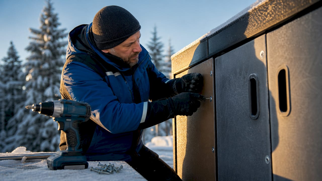 Hands installing phenolic composite locker panel