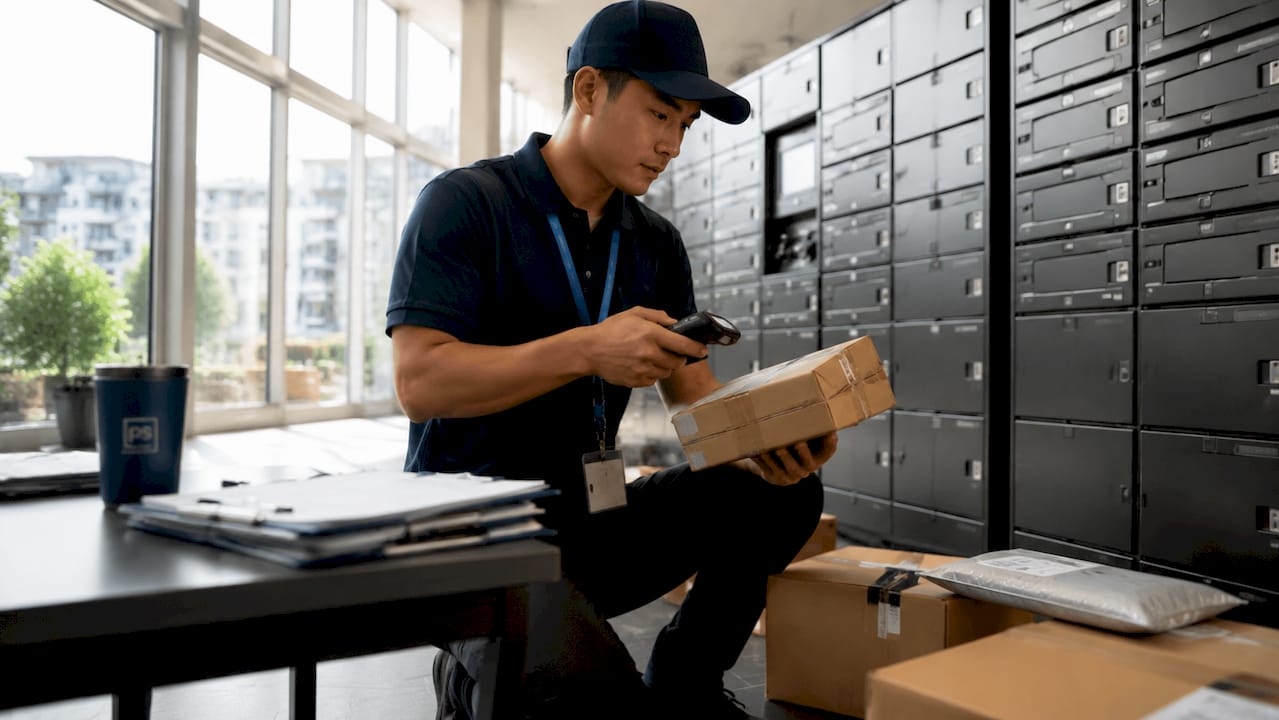 Courier scanning packages in secure apartment room