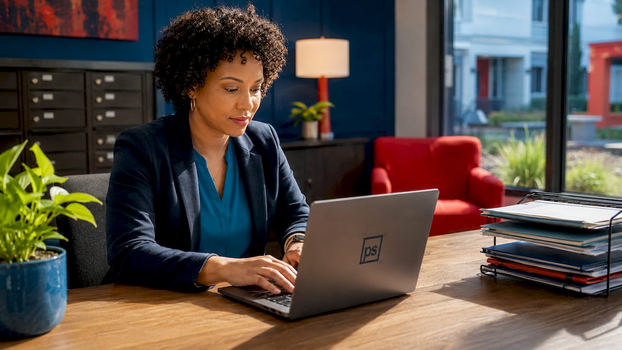 Property manager entering package data on laptop