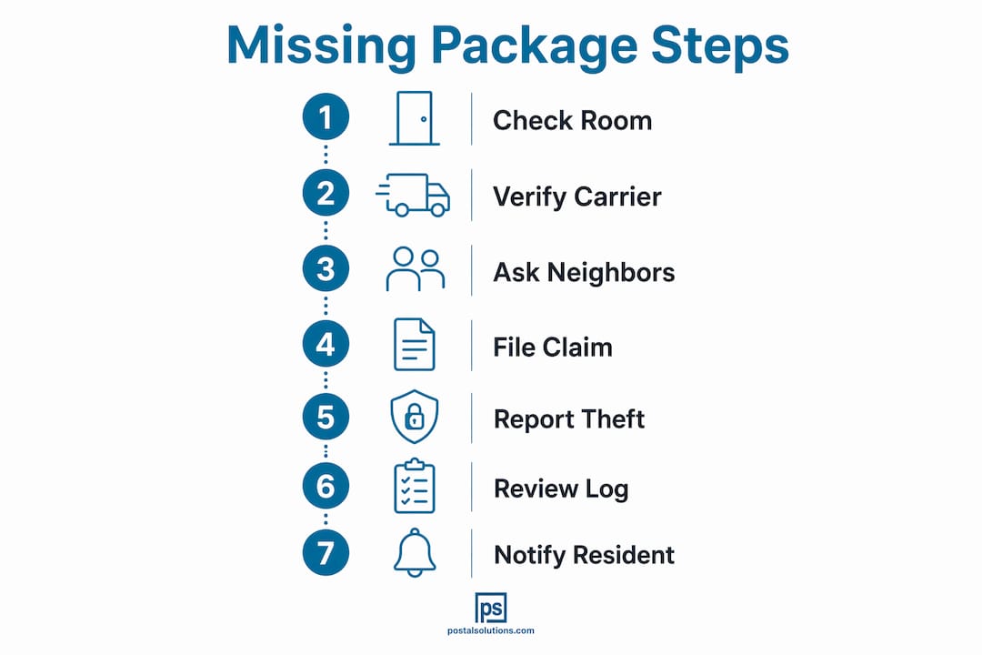 Infographic illustrating steps to locate missing apartment package