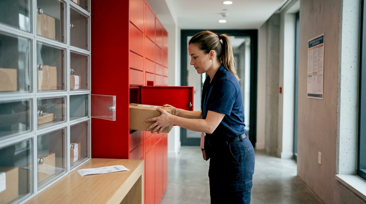 Indoor secure package locker with delivery worker