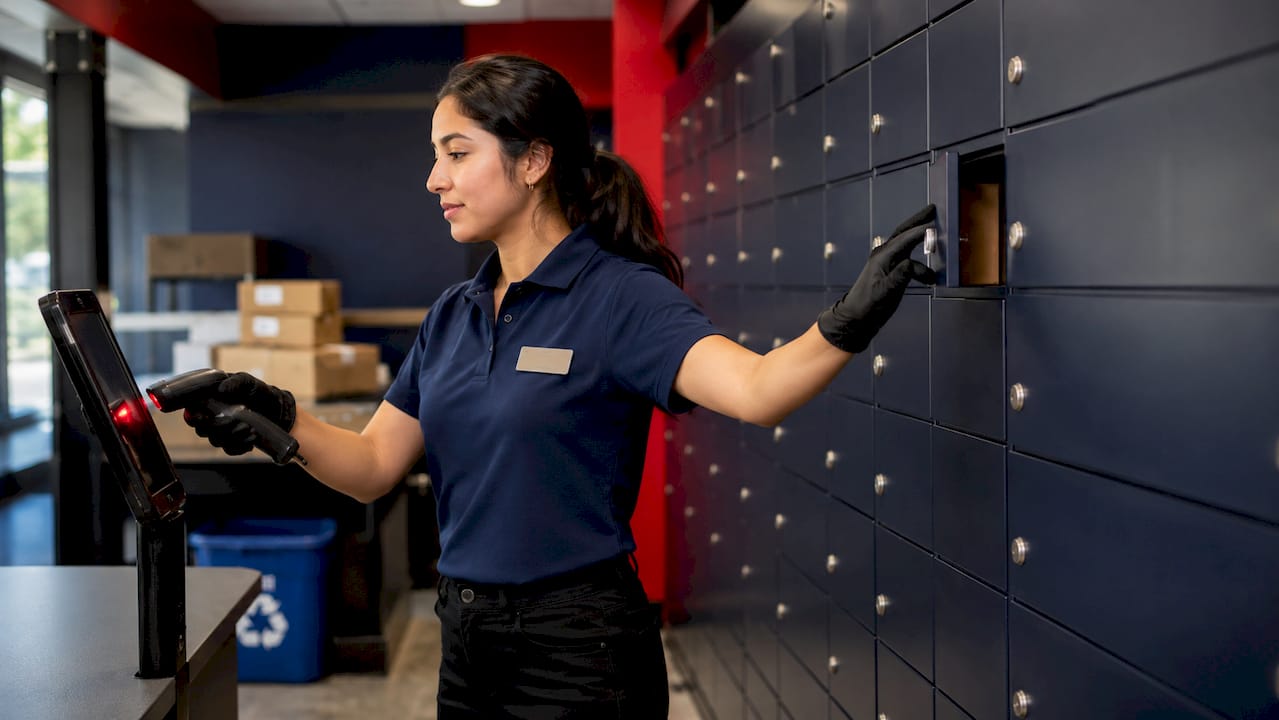Hands closing smart parcel locker door