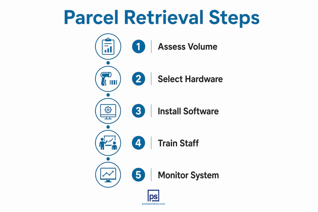 Infographic showing steps to implement parcel retrieval system