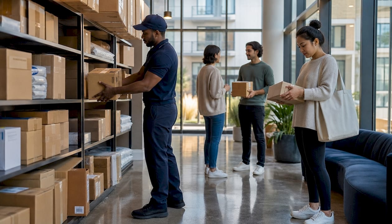 Busy apartment lobby with many delivered packages