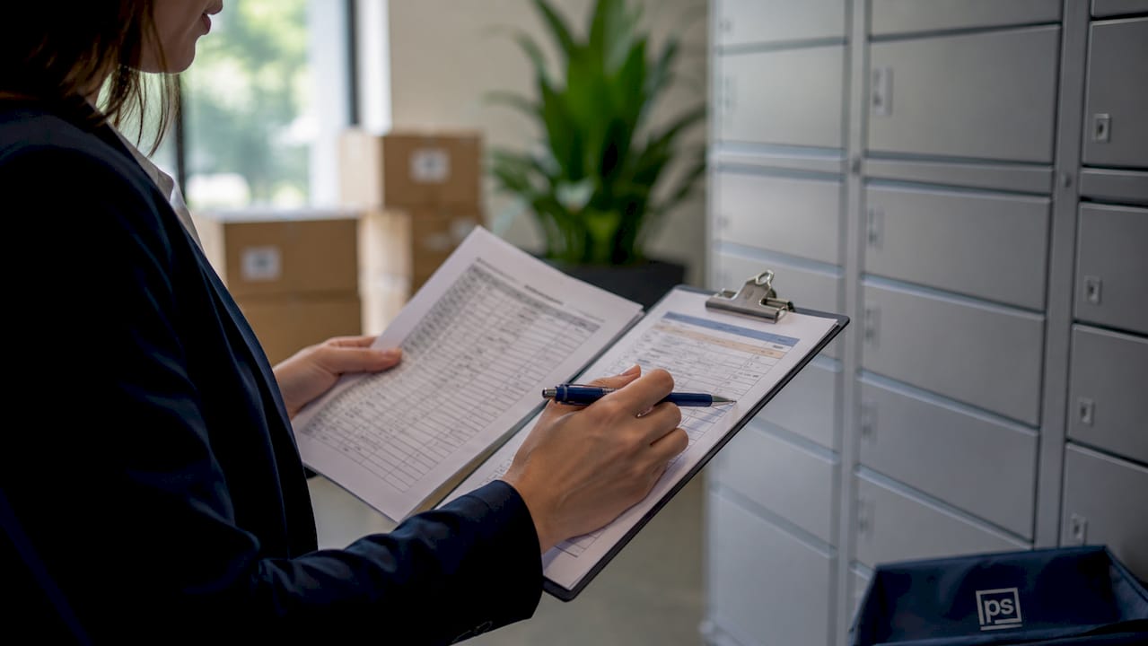 Property manager inspecting package room audit checklist