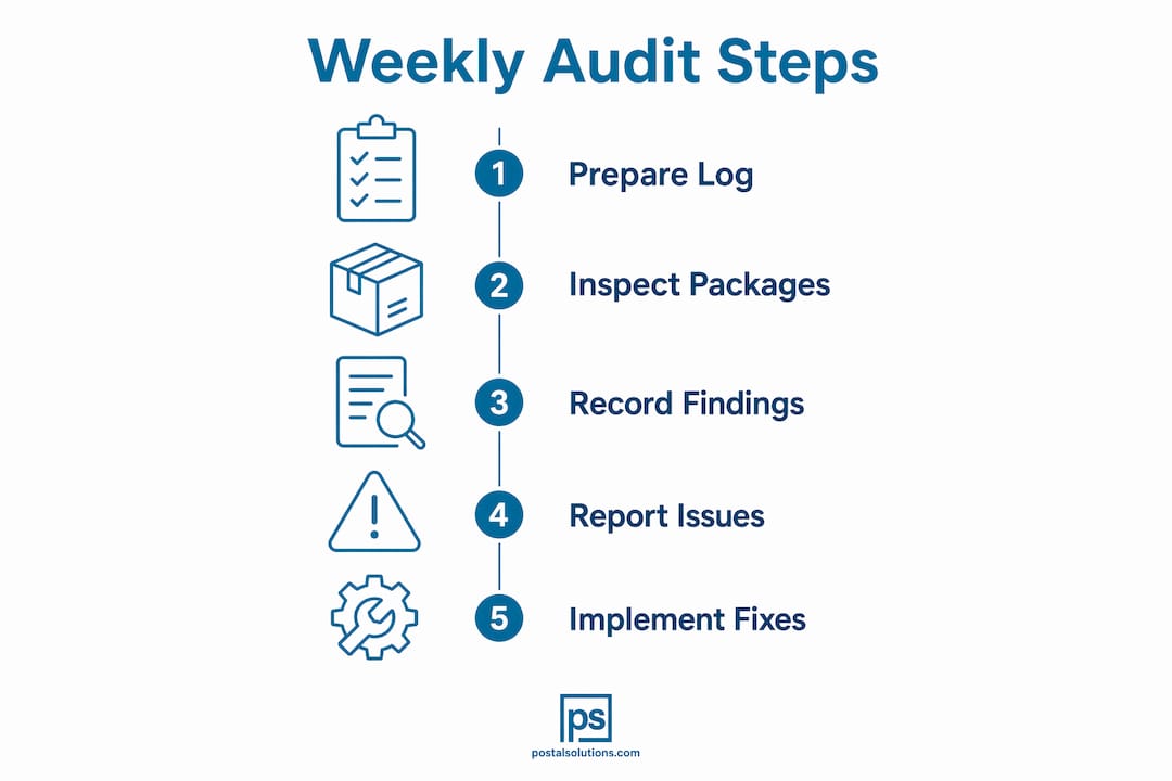 Infographic outlining steps of weekly package room audit