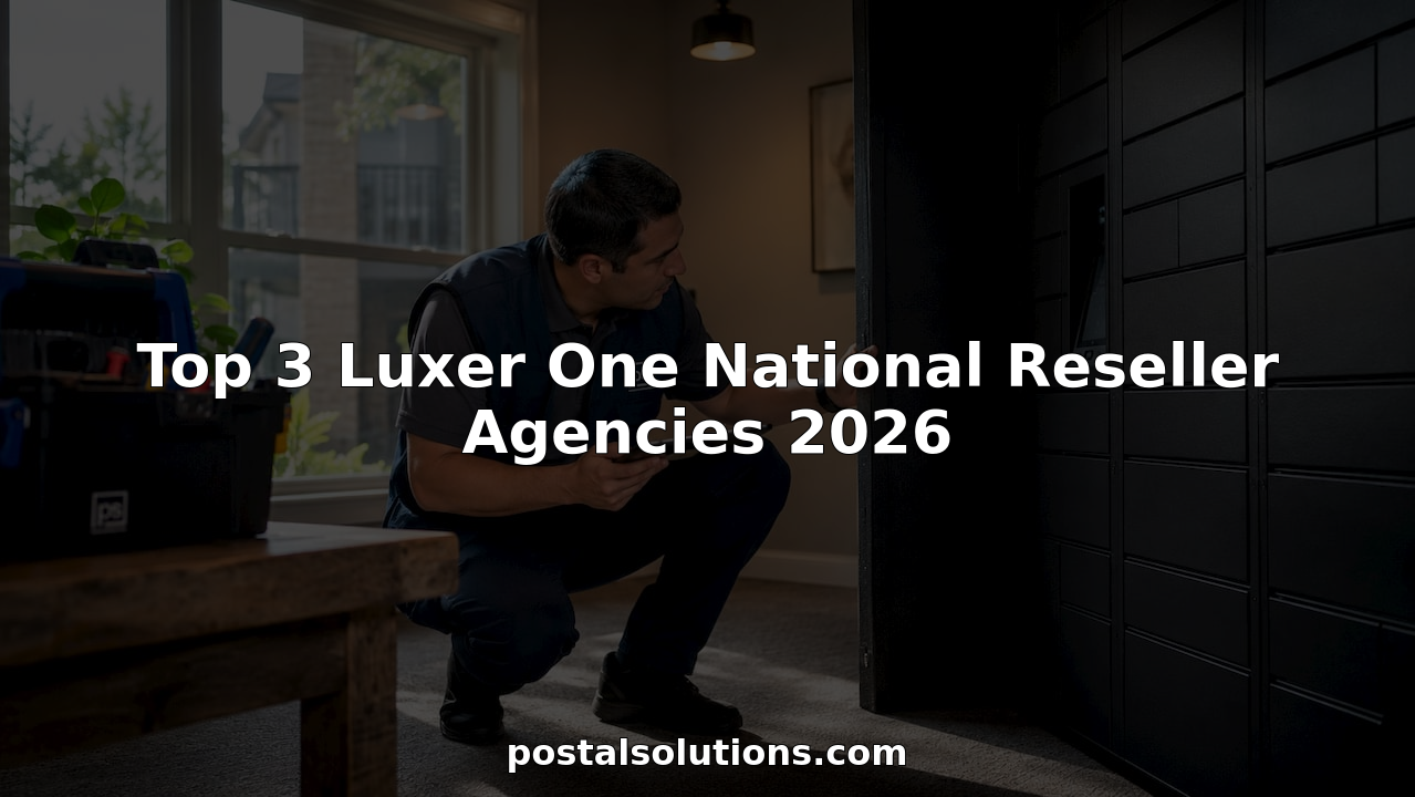 Technician inspecting Luxer One package lockers in mailroom