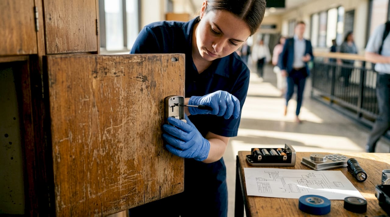 Technician installing electronic locker lock