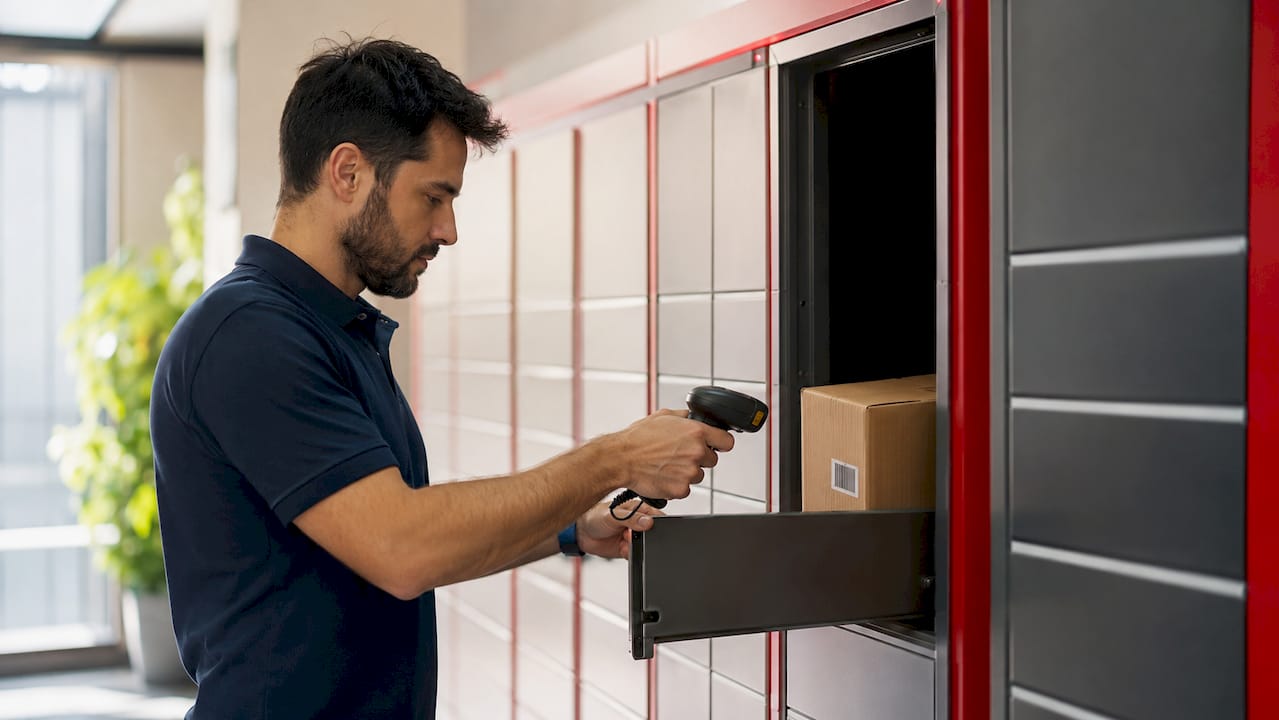 Technician scanning package in electronic locker system