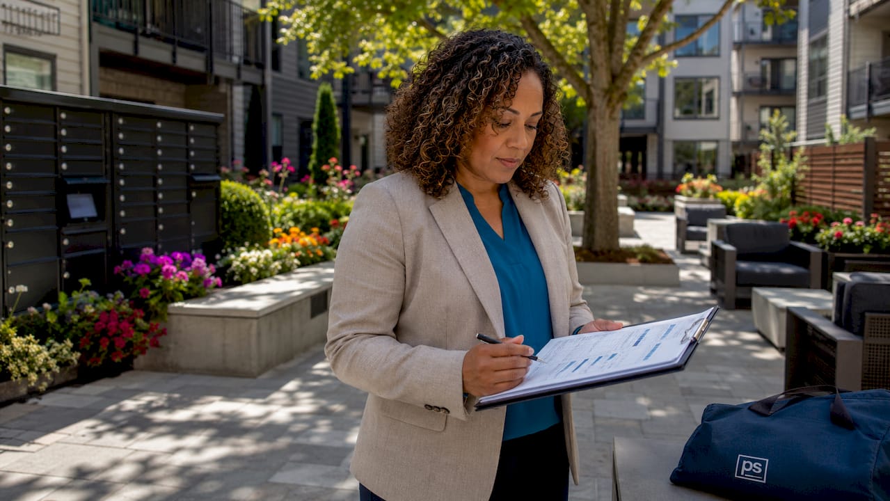 Property manager reviewing mailroom workflow charts