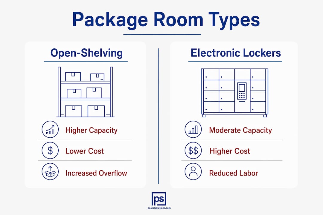 Infographic comparing open-shelving and electronic locker mailrooms