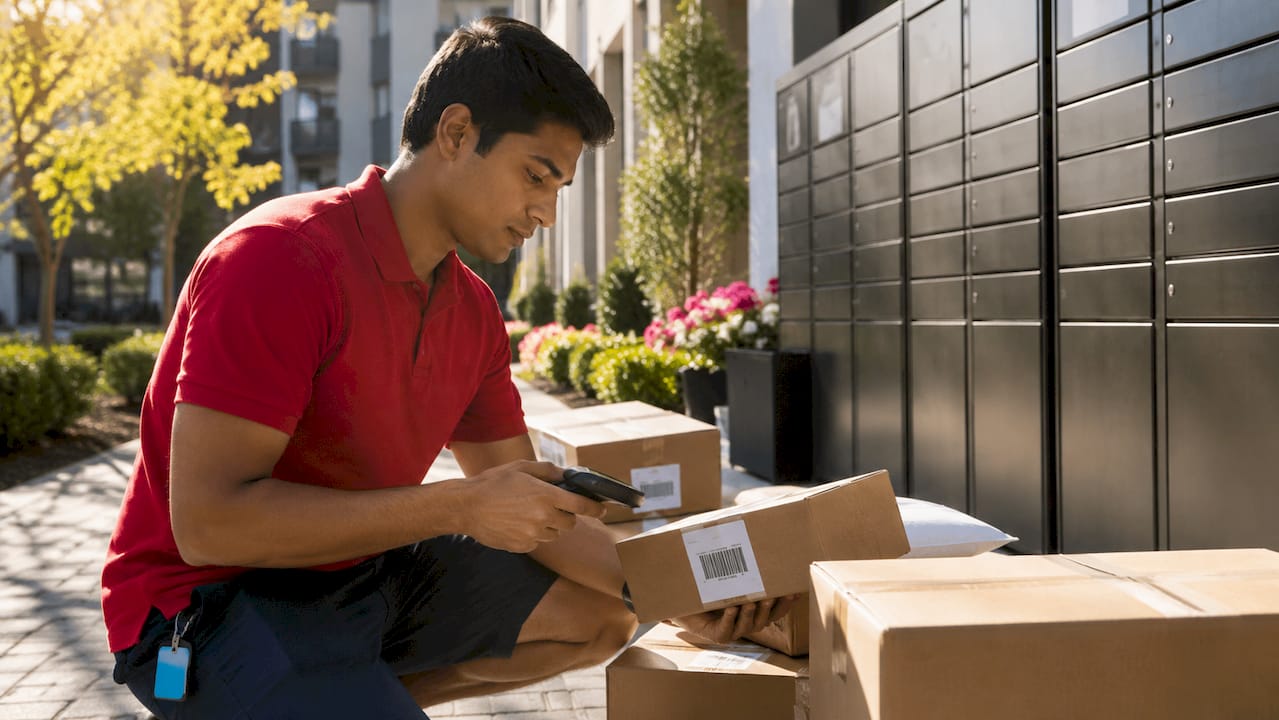 Package manager scanning parcels in package room