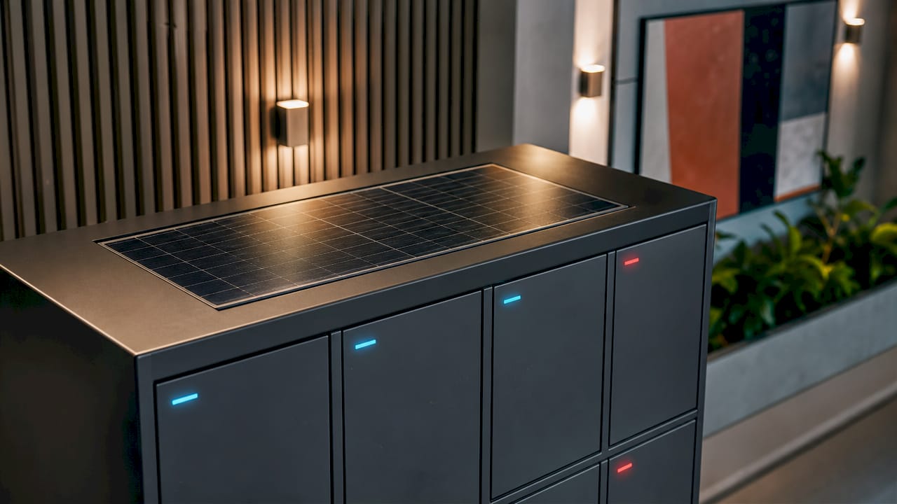 Close-up side view of sustainable modular locker unit