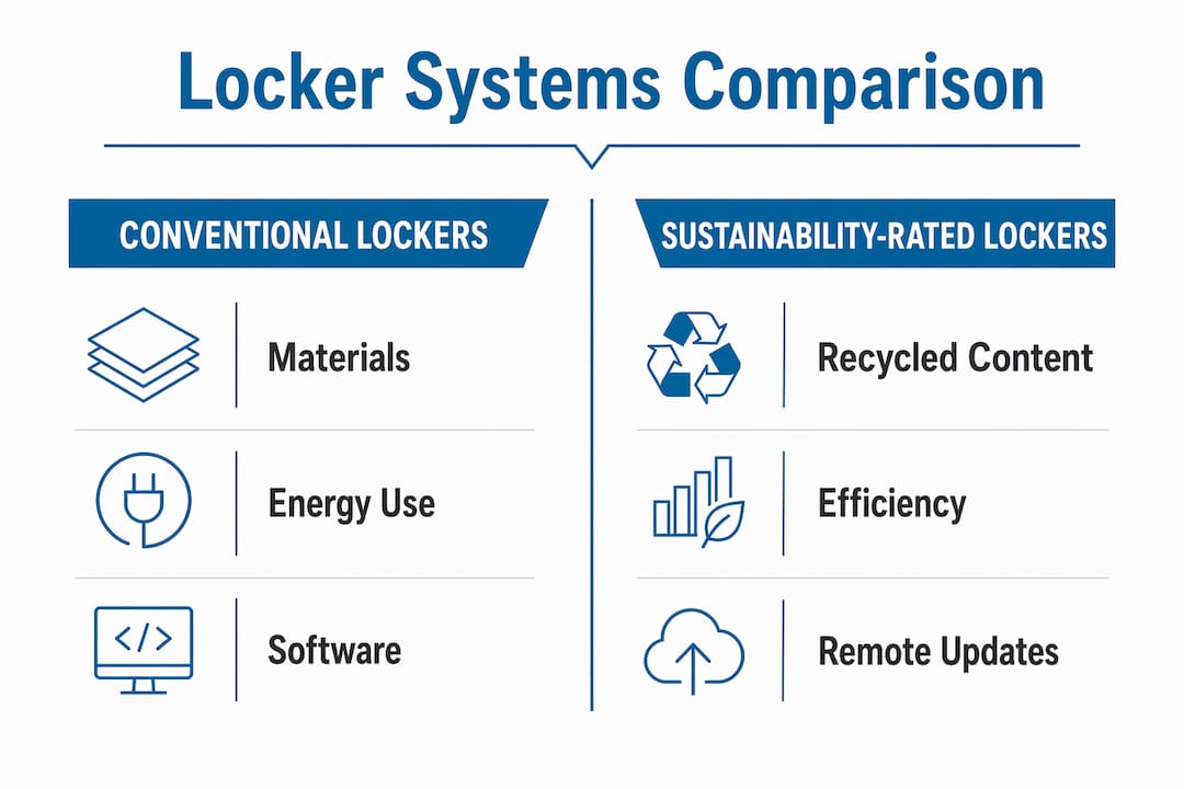 Infographic comparing sustainability-rated and conventional locker systems