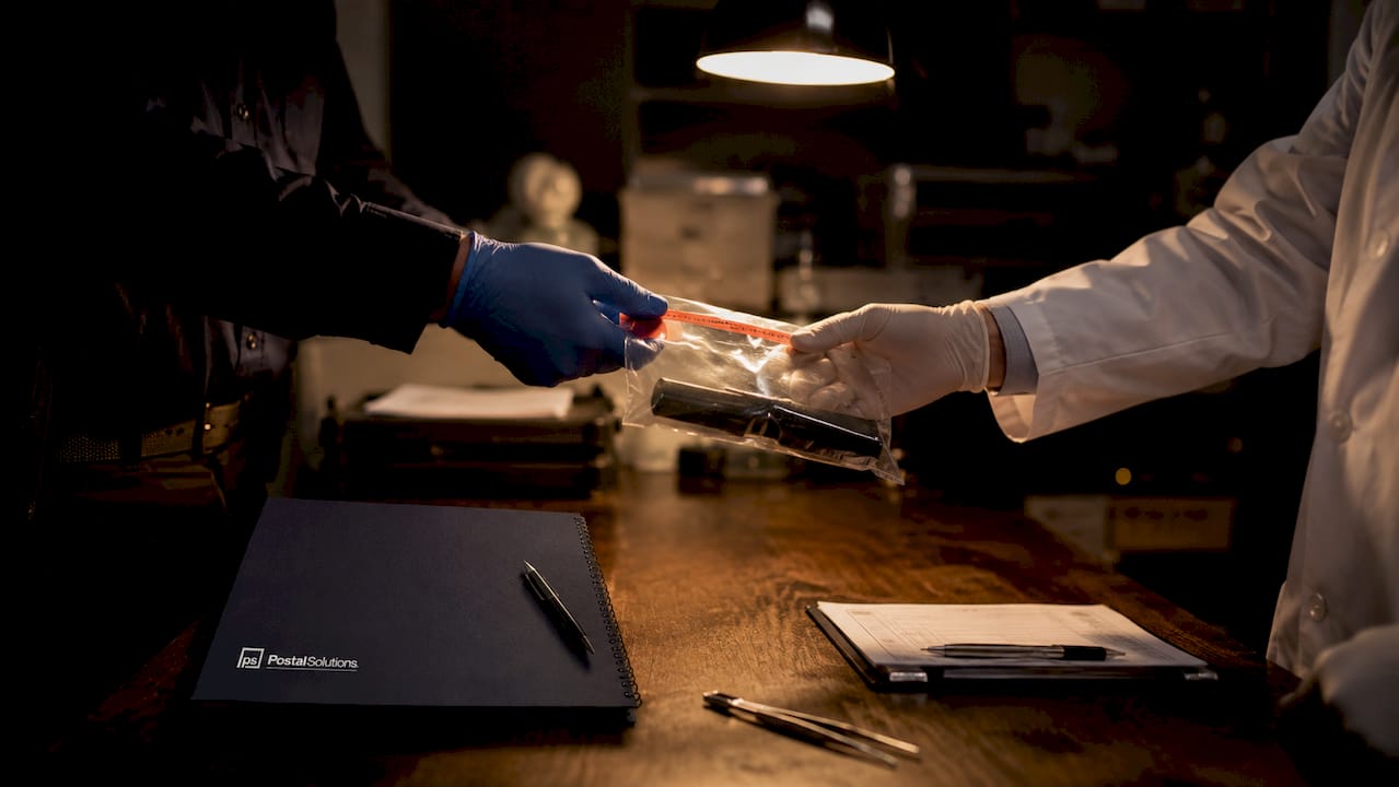 Hands exchanging sealed evidence bag in forensic lab