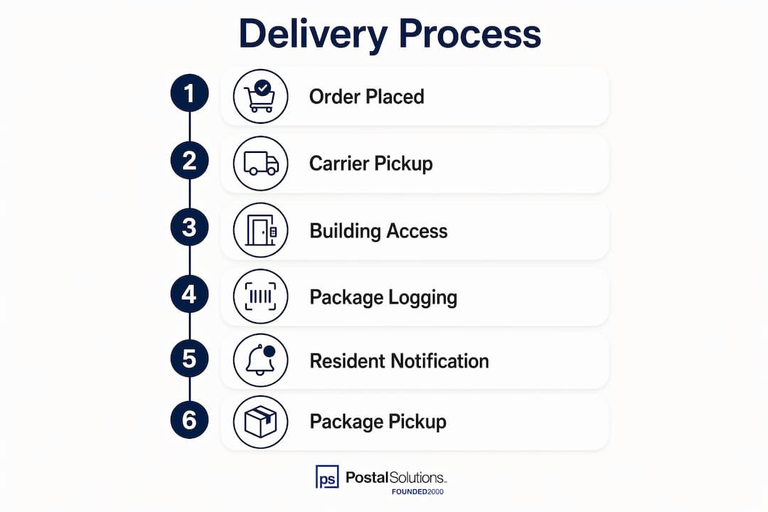 Infographic showing six steps of apartment package delivery