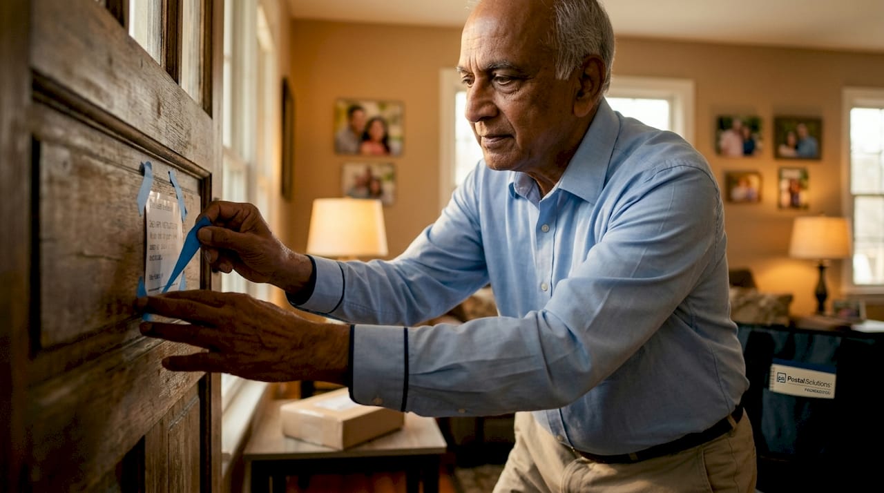 Senior man applying delivery instructions on apartment door