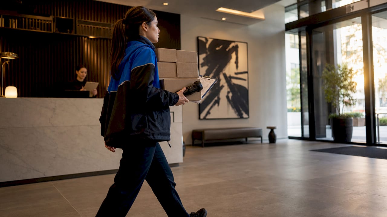 Courier delivering packages in apartment lobby