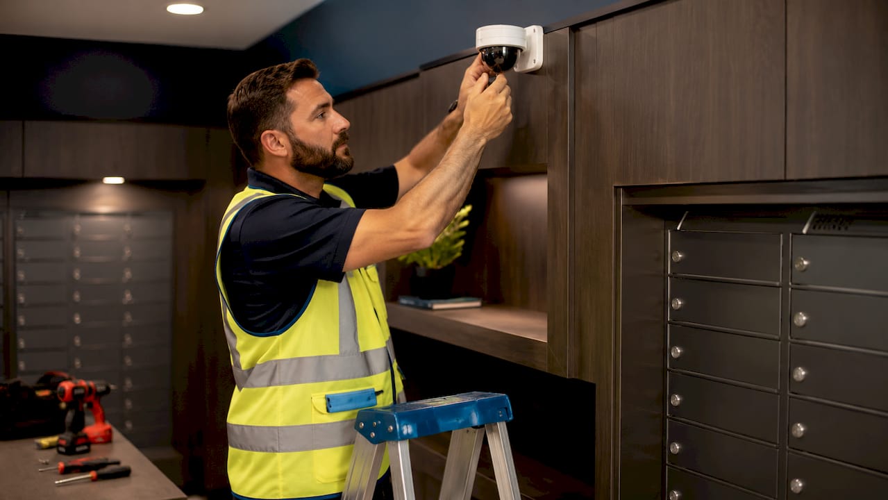 Technician installing security camera in package room