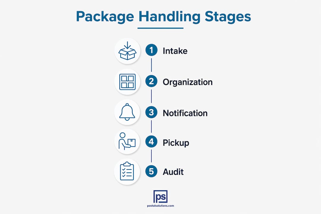 Infographic illustrating package handling workflow stages