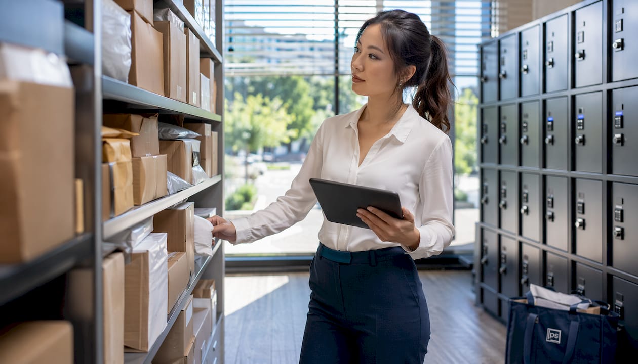 Property manager surveying controlled access package room