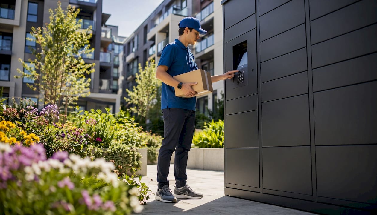 Courier entering code on smart locker keypad