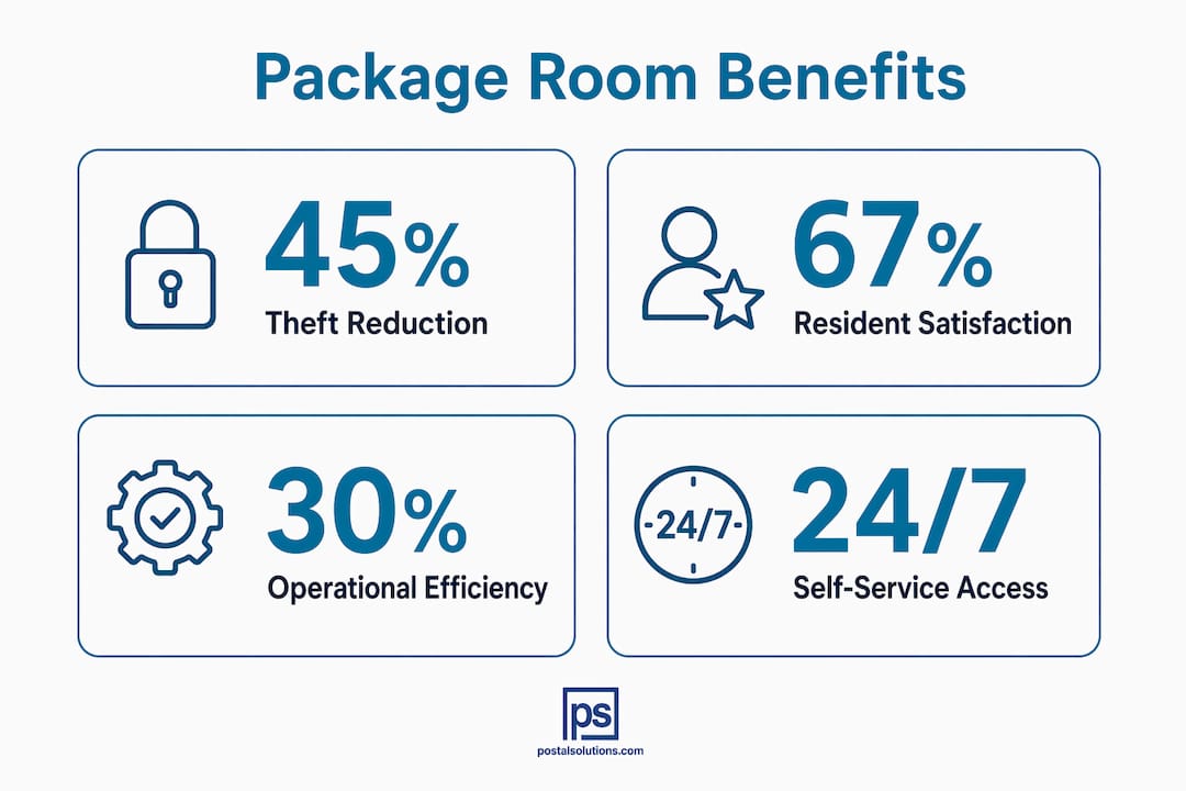 Infographic showing benefits of controlled access package rooms with statistics