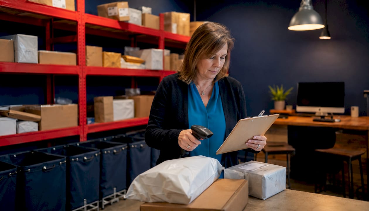 Property manager sorting packages in package room