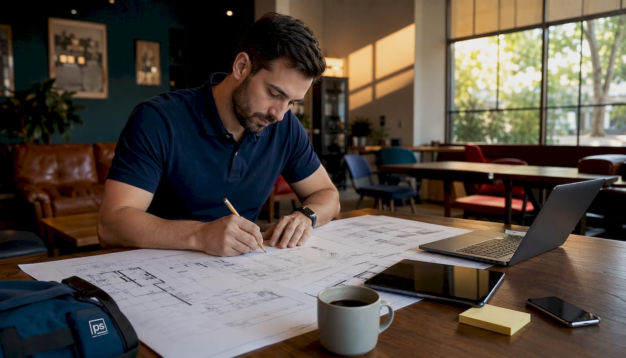 Planner reviewing package room blueprints overhead