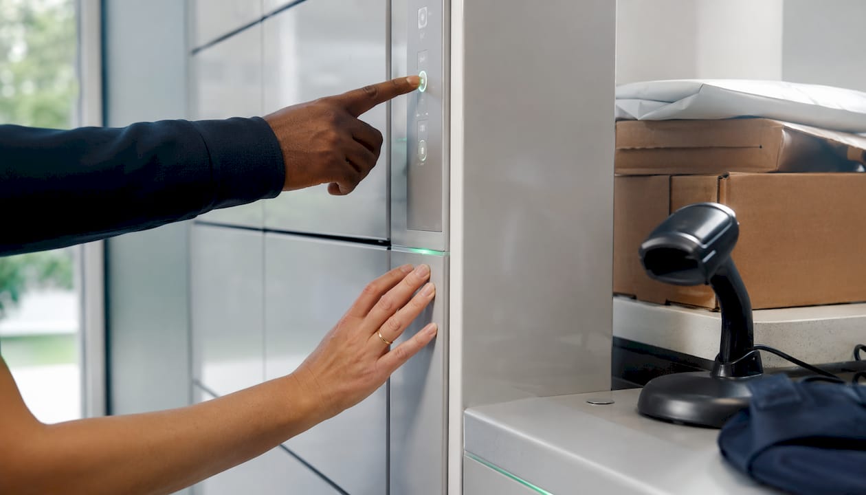 Close-up of hands opening smart locker compartment