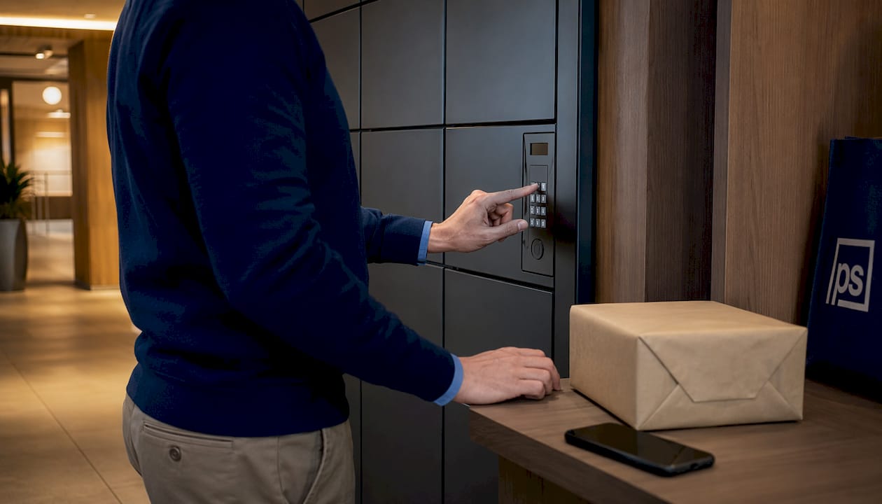 Hands entering code on a smart locker keypad
