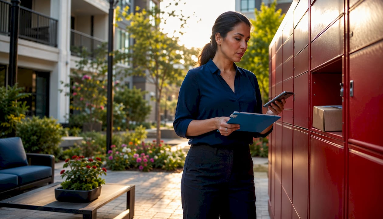 Property manager checking packages in storage