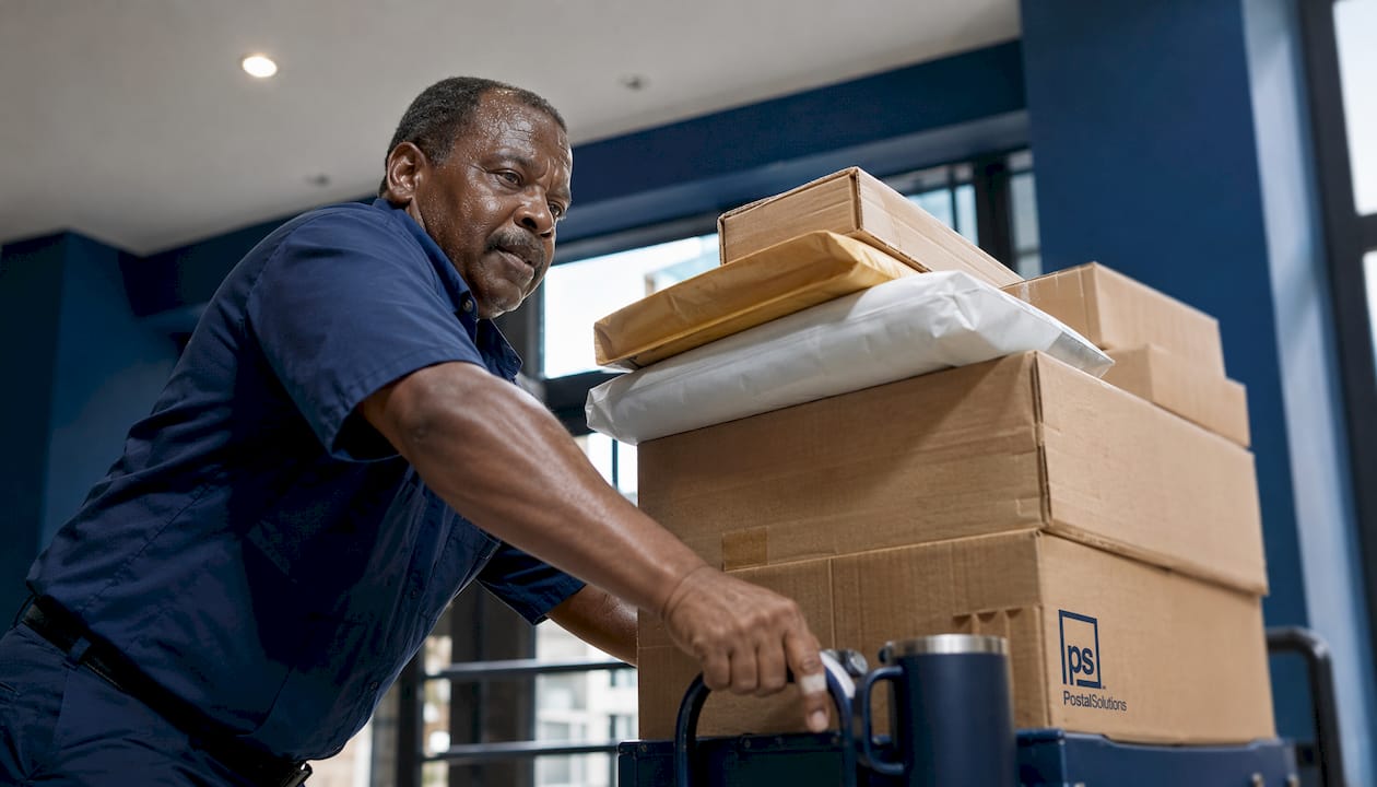 Maintenance worker delivering large stack of packages