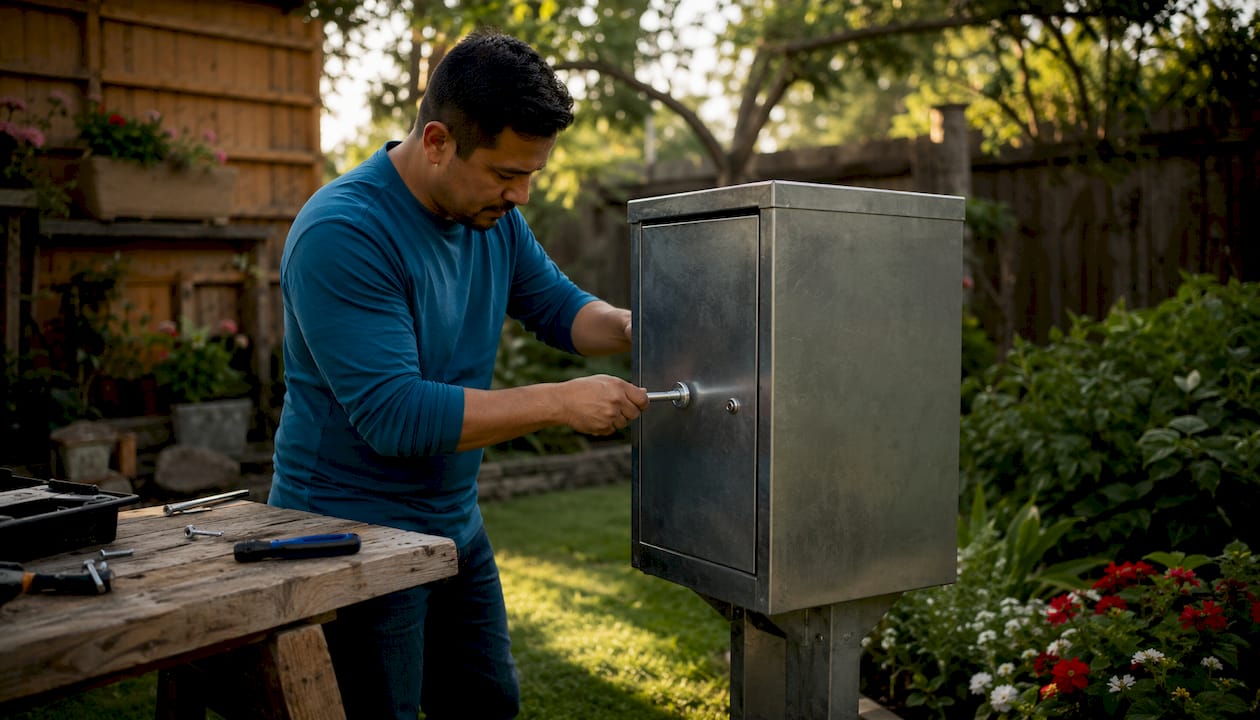 Hands installing steel package box outdoors