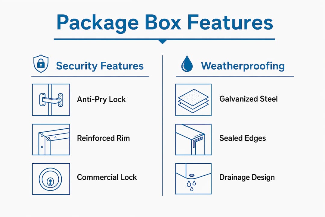 Infographic comparing package box security and weatherproof features