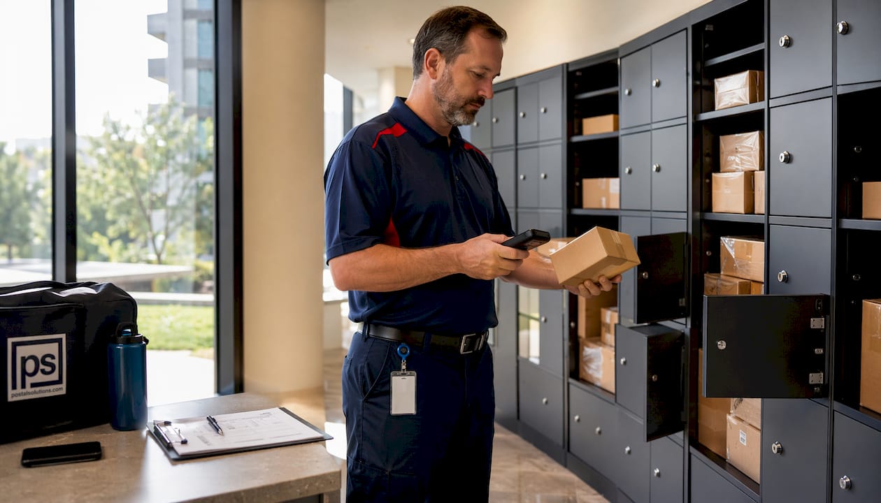 Technician auditing packages in locker room