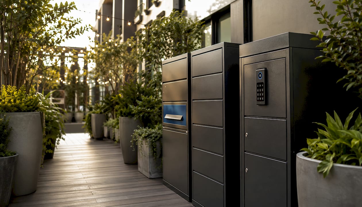Indoor view of different home lockers with biometric and package features