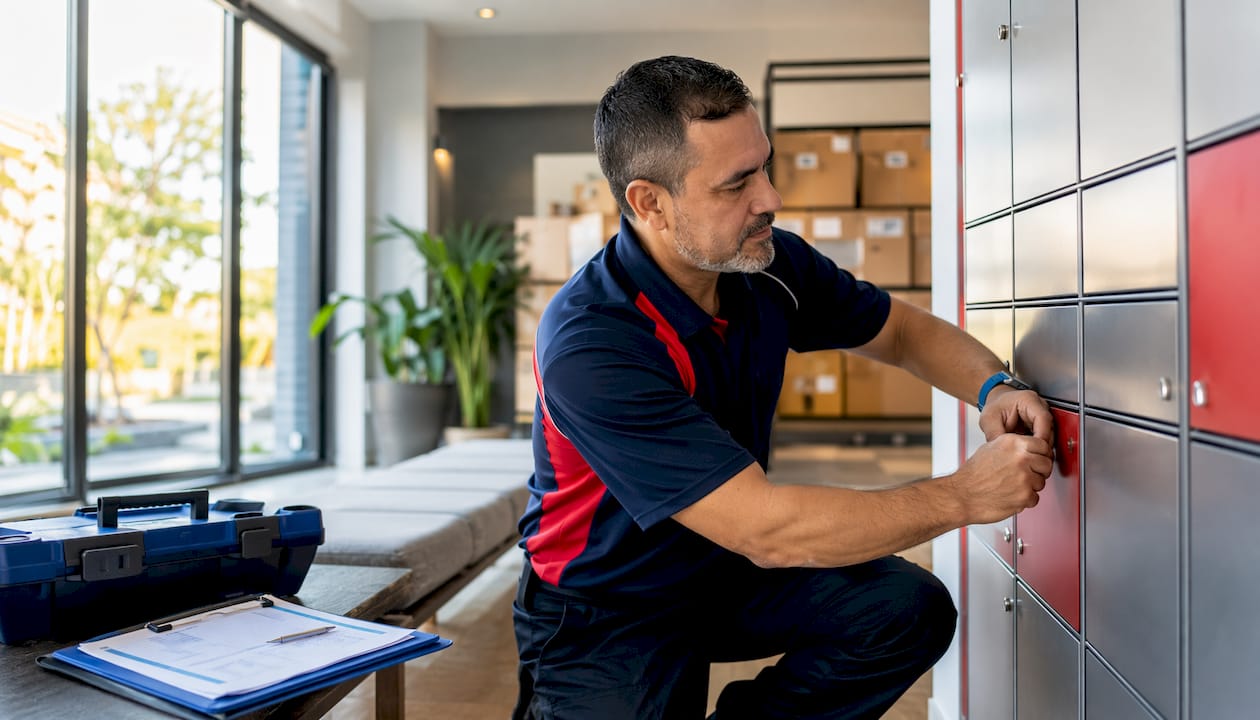 Maintenance hands opening package locker door