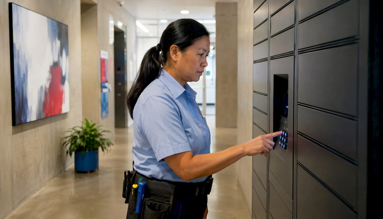 Maintenance worker opening secured package locker keypad