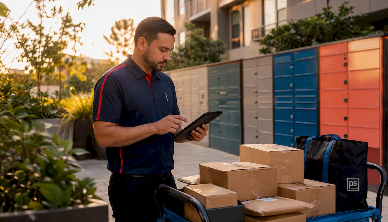 Package attendant managing smart lockers with tablet