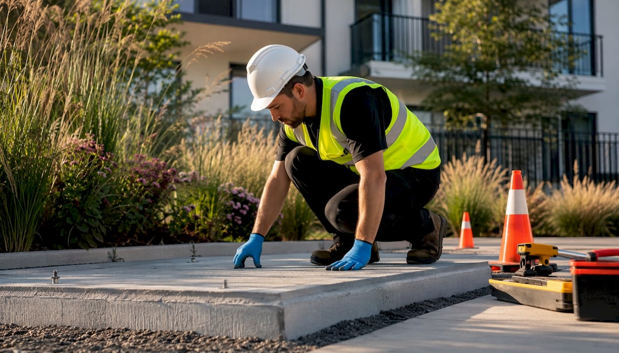 Technician inspecting outdoor locker foundation site